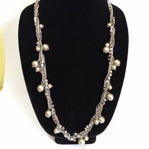 J. Crew Silver Tone Long Multistrand Twisted Necklace Faux Pearl Bead Rhinestone